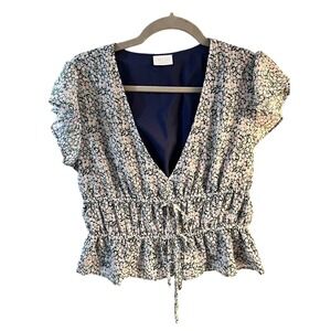 Abound Floral Print Peplum Top Navy Size M